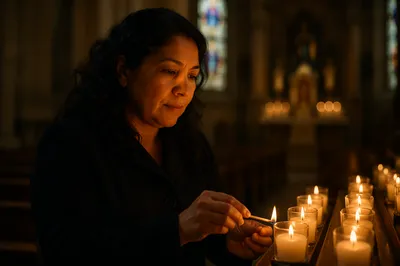 Woman Lighting Candle in Dim Church