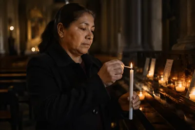 Woman Lighting Candle in Dim Church