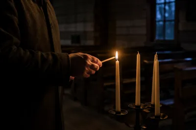 Hands Lighting a Candle in Dark Church
