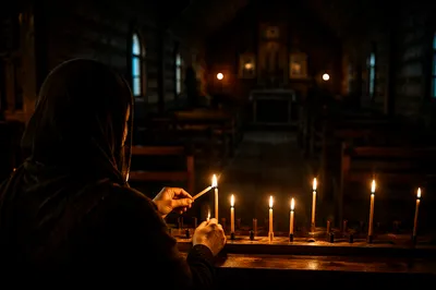 Candle Prayer in a Dark Wooden Chapel