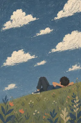 Relaxed Person Watching Clouds on Grassy Hill