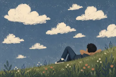 Relaxed Person Cloud Watching on Grassy Hill