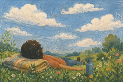 Relaxing on Grass Watching Passing Clouds