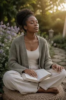 Woman Meditating with Open Bible in Garden