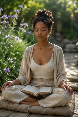 Woman Meditating with Open Book in Garden