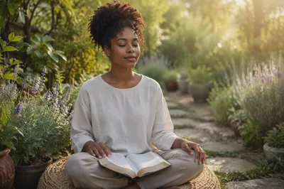 Young Woman Meditating with Open Bible