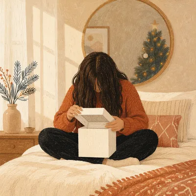 Joyful Morning Gift Opening in Cozy Bedroom