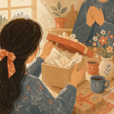Joyful Gift Box Surprise at Kitchen Table
