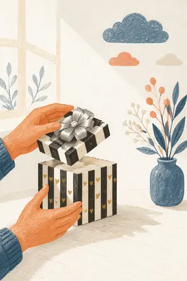 Hands Opening Striped Gift Box With Joy