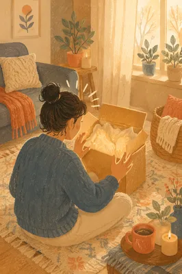 Joyful Gift Box Surprise in Cozy Living Room