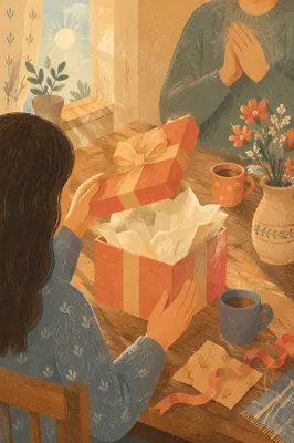 Joyful Gift Box Surprise at Kitchen Table