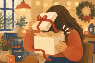 Joyful Surprise Opening Gift in Cozy Café