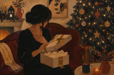 Joyful Gift Opening in Festive Living Room