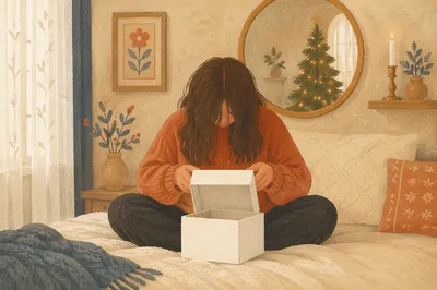Joyful Gift Box Surprise in Cozy Bedroom