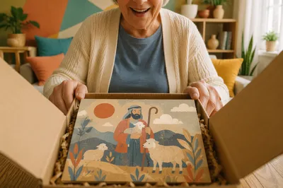Older Adult Opening Gift Box Joyfully