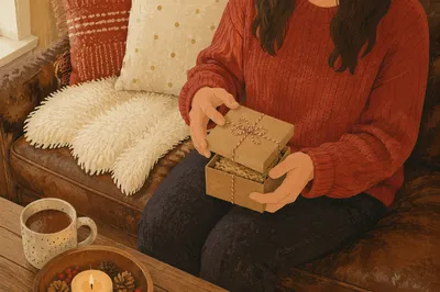 Joyful Gift Box Opening on Cozy Sofa