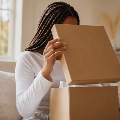 Joyful Surprise Opening a Kraft Gift Box
