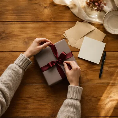 Hands Opening Burgundy Ribbon Gift Box