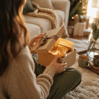 Joyful Gift Box Opening in Cozy Morning