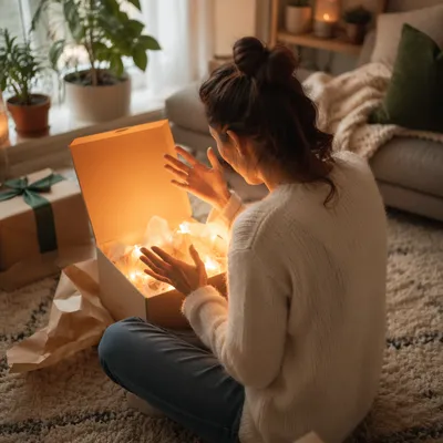 Joyful Gift Box Surprise in Cozy Living Room