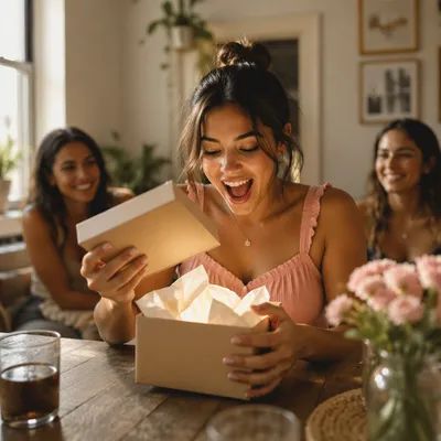 Joyful Woman Opening Gift Box at Table