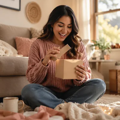Joyful Woman Opening Gift Box at Home