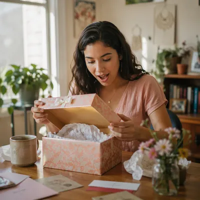 Woman Opening Gift Box at Table