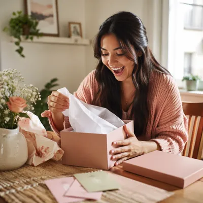 Woman Opening Gift Box at Table