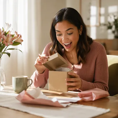 Young Woman Opening Gift Box Indoors