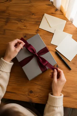 Hands Opening Burgundy Ribbon Gift Box