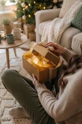 Joyful Gift Box Opening in Cozy Living Room
