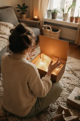Joyful Gift Box Surprise in Cozy Living Room