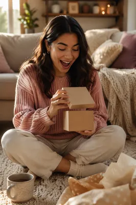 Woman Opening Gift Box at Home