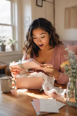 Woman Opening Gift Box at Table