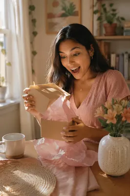 Young Woman Opening Gift Box Indoors