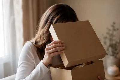 Joyful Surprise Opening a Kraft Gift Box