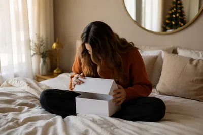 Joyful Morning Gift Opening in Cozy Bedroom