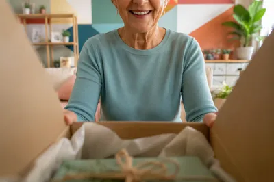 Joyful Surprise Opening a Cardboard Gift Box