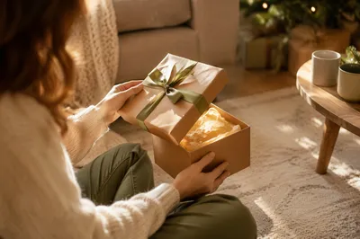 Joyful Gift Box Opening in Cozy Living Room
