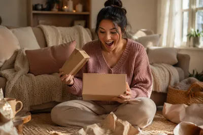 Young Woman Opening Gift Box Indoors