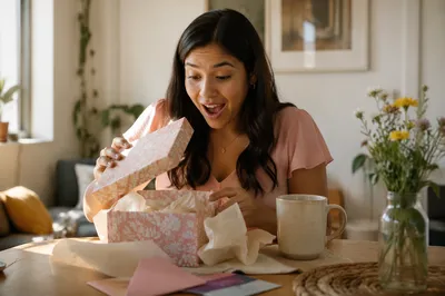 Woman Opening Gift Box in Morning Light