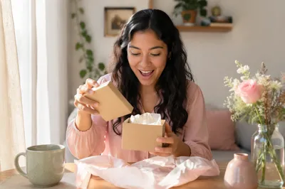 Young Woman Opening Gift Box Indoors
