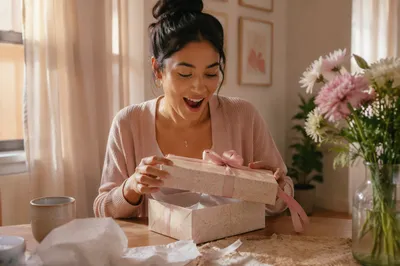 Young Woman Opening Gift Box Indoors