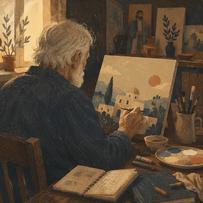 Older Artist Painting in Cozy Studio
