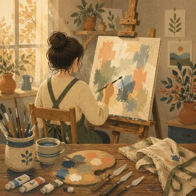Quiet Painting Hobby in Sunlit Studio