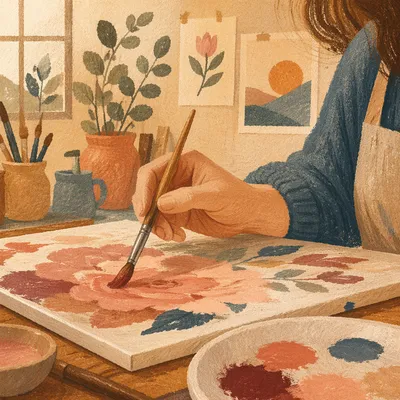 Hand Painting Canvas in Cozy Art Studio