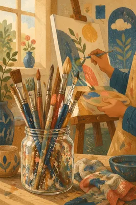 Paintbrush Jar in Cozy Art Studio