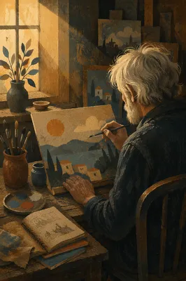 Older Artist Painting in Cozy Studio