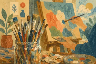 Cozy Art Studio Paintbrushes and Canvas