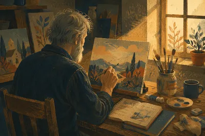 Older Artist Painting in Cozy Studio